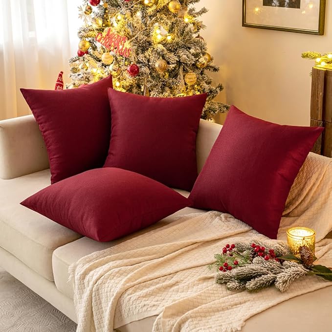 MIULEE Pack of 2 Decorative Outdoor Solid Waterproof Throw Pillow Covers Faux Linen Garden Farmhouse Cushion Cases for Patio Tent Balcony Couch Sofa 20x12 Inch Wine Red
