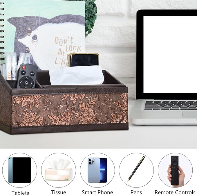 Marte Vanci Leather Tissue Box Cover Rectangular Multifunctional Tissue Holder with Remote Control Caddy Dryer Sheet Dispenser Facial Napkin Organizer for Desk Bedside Table Nightstand Vanity (Retro)