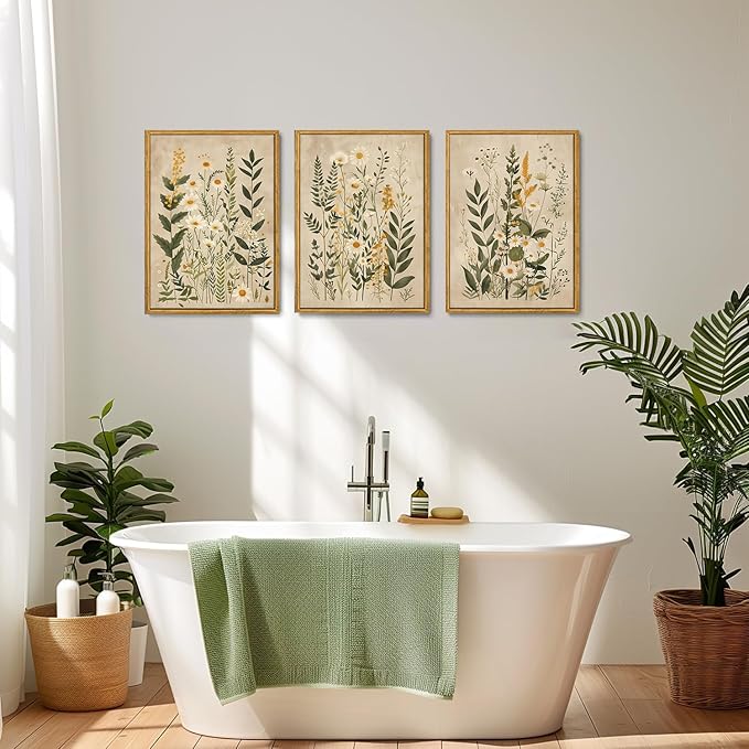 Wodkwq 3 Piece Vintage Floral Canvas Wall Art Framed,Large Wildflower Wall Decor，Neutral Farmhouse Botanical Daisy Wall Painting,Modern Floral Art Prints For Living Room,Bedroom,Office 16x24in