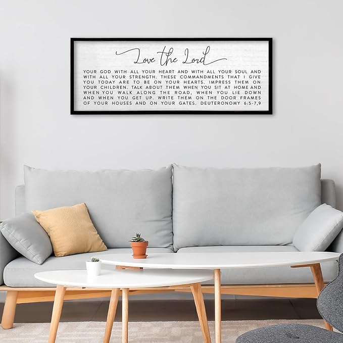 TQianJiang Christian Scripture Wall Decor Bible Verse Sign 32"×12" Deuteronomy 6:5-7,9 for Catholic Home Living Room Jesus Wall Art Large Wood Framed Family Plaque Horizontal Hanging (Black)