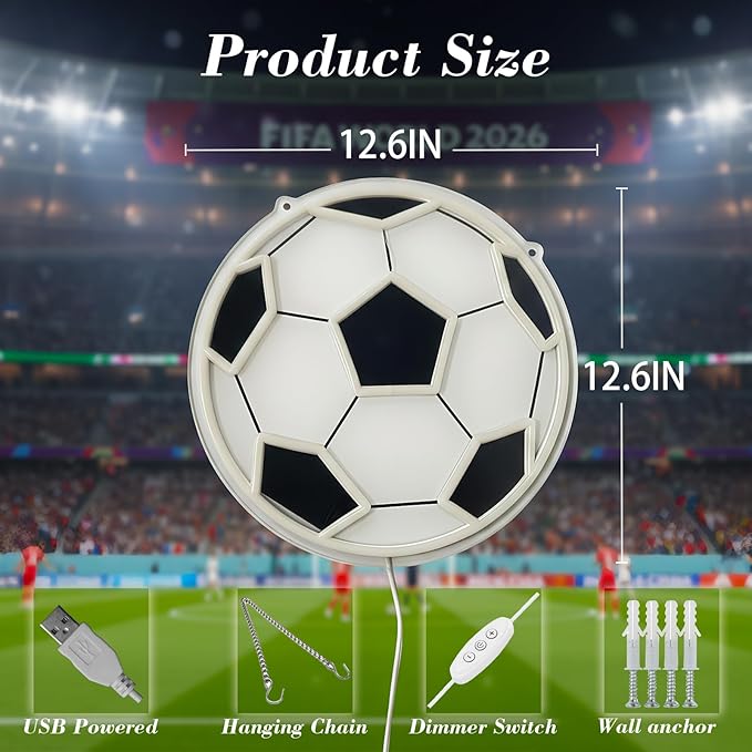 Soccer Neon Sign for Wall Decor, Dimmable LED Light for Bedroom Sports Room Decor, Soccer Gifts for Boys 8-12, 12.6 x 12.6 Inches