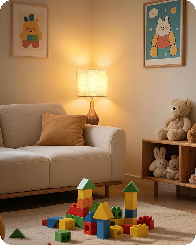 Small Table Lamp, Wood Desk Lamp with Beige Linen Lampshade & Natural Wood Bottle-Shaped Base, Modern Bedside Lamp with Cable, E26 Base, Bulb Not Included, for Bedroom, Kid's Room, ME09TL05