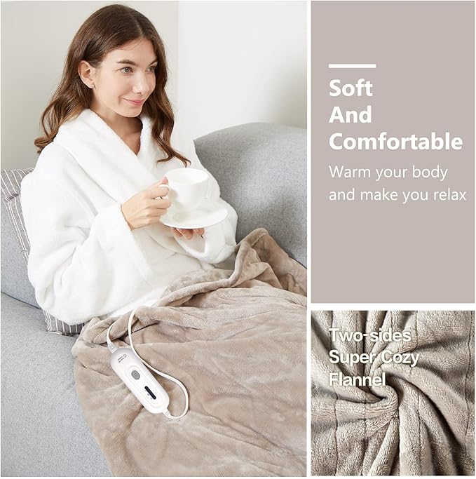 Tefici Electric Heated Blanket Twin,Super Cozy Soft 2-Layer Flannel 62" x 84" Heated Twin Size with 3 Heating Levels 8 Hours Auto Off, Machine Washable, ETL and FCC Certified, Home Office Use,Camel