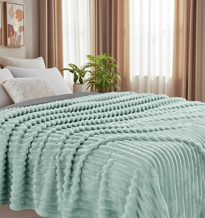 Utopia Bedding Sage Green Striped Fleece Blanket Twin Size – Fluffy, Warm & Lightweight Ribbed Throw for Bed, Sofa & Chair - Soft Cozy Blanket for Home Décor & Gifting (60x80 Inches)