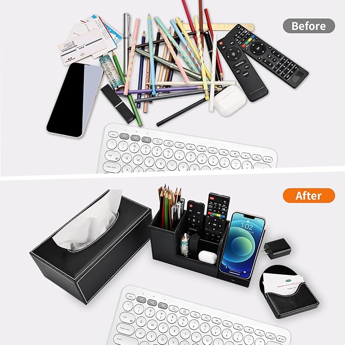 KINGFOM PU Leather Desk Organizer Pen Pencil Holder with Wireless Charger Stand for iPhone, Rectangular tissue box cover, Pocket Business Cards Holder Black-5PCS/SET