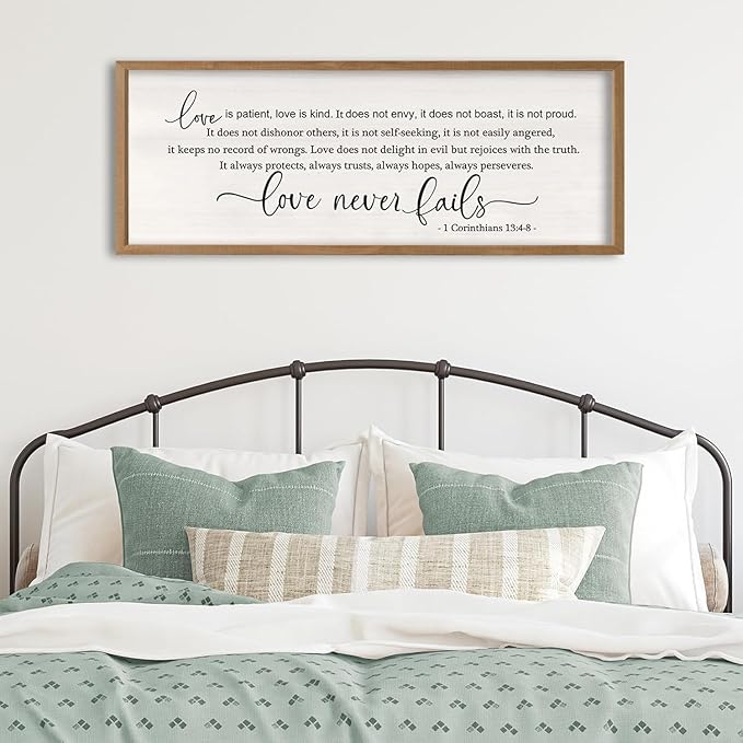 Foutcheou Love Is Patient Love is Kind Wall Art, 32"X12" Wood Framed Bedroom Above The Bed Wall Decor, Large Horizontal Dining Room Christian Bible Verse Hanging Sign for Home Family, Natural