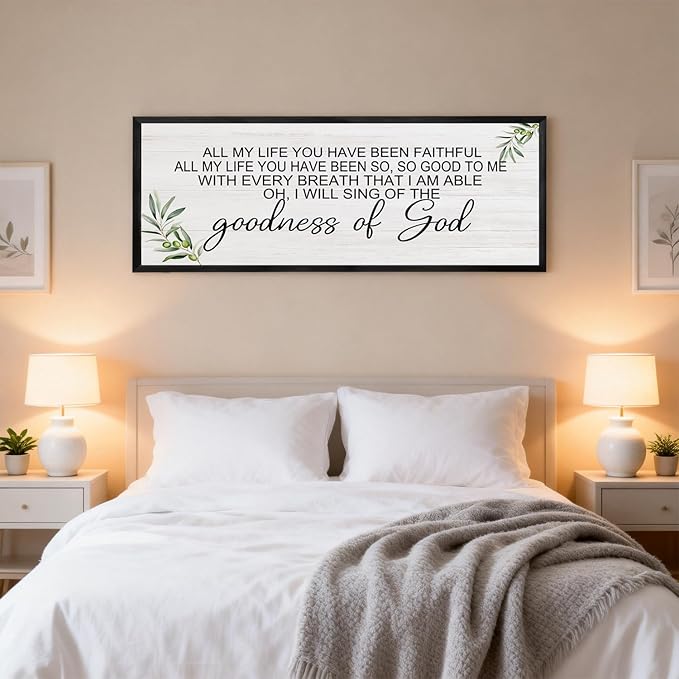 Goodness of God Christian Wall Decor: 40x15 Inch Large Framed Christian Inspirational Wall Art, Religious Scripture Quote Wooden Sign, Black Frame Christian Home Decor for Living Room Bedroom, Black