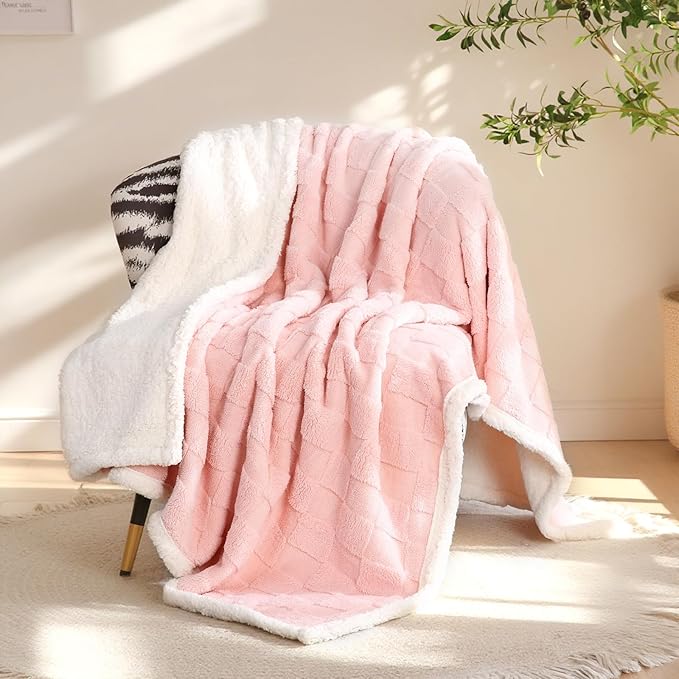 Sherpa Blanket Fleece Blanket, Soft Fluffy Thick Blanket for Couch 80”*90”, Large Thick Blankets for All Season Use, Pink