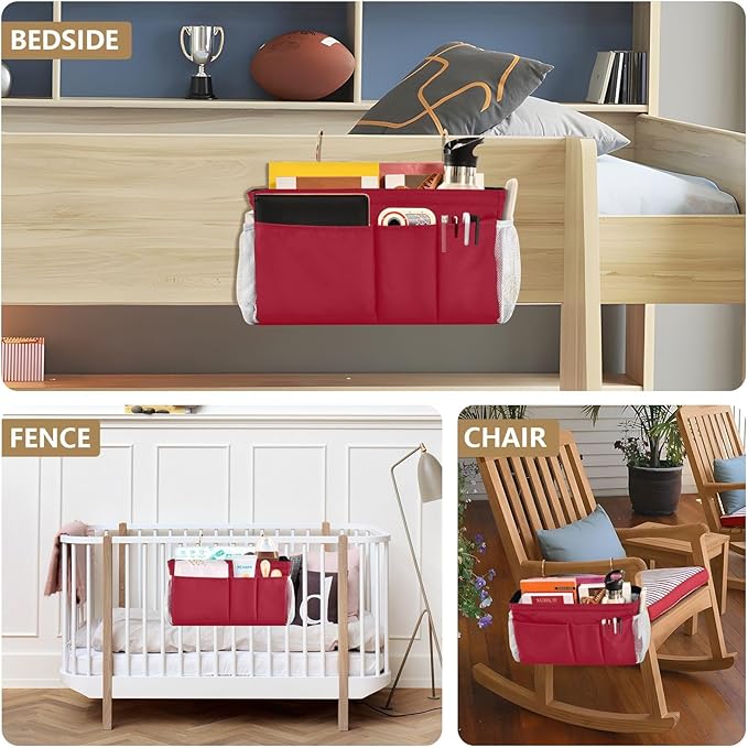 YETTASBIN Red Bedside Caddy Hanging Storage Organizer Bag with 2 Straps & Hooks for Bunk Beds, College Dorm, Hospital Bed - Holder for Books, Phone, Magazine, Glasses, Keys