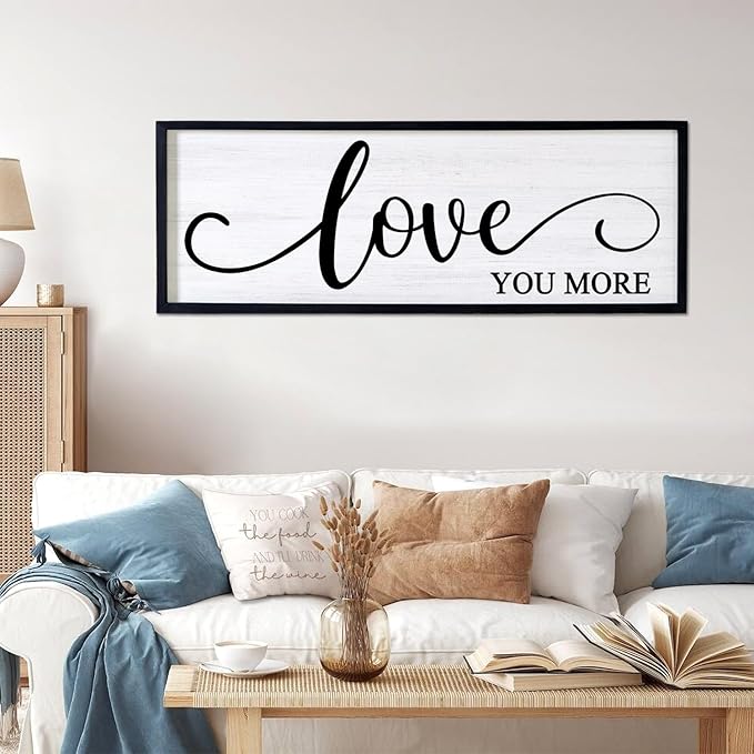 Love You More Decorative Rustic Sign & Plaque Framed Wall Art for Couples, 40''×15'' Vintage Cottagecore Wooden Horizontal Love Quote Home Decor Above Bed for Living Room, Farmhouse Wedding Gift