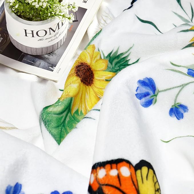 Sunflower Throw Blanket Ultra Soft Butterfly Floral Blanket Cozy Flannel Fleece Bed Blanket Lightweight Fuzzy Plush Flowers Couch Cover Sunflowers Gifts Throw Decor for Women Girls 50" X 60"
