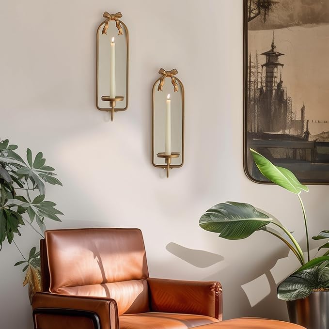 Gold Candle Sconces Wall Decor: Modern Decorative Wall Candle Holder Set of Two for Bedroom - Vintage French Metal Bow Mirror Sconces Beside Fireplace TV