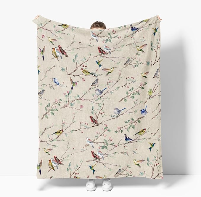 Horaldaily Spring Summer Flannel Blanket Throw, Birds Branch Biege Floral Soft Fuzzy Plush Cozy Fleece Blankets for Couch Sofa Bed Lounging, Ideal Gifts for Kids Adults Self, 50x60