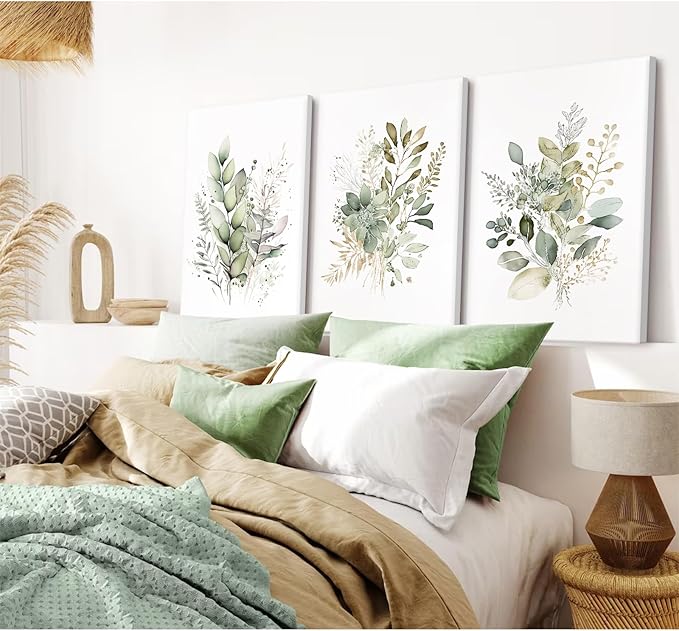 Watercolor Botanical Wall Art Set of 3 Boho Floral Canvas Wall Decor Prints Sage Green Wildflower Wall Art Modern Flower Pictures Botanical Painting for Bedroom Bathroom 16x24 Inch Wrapped Canvas