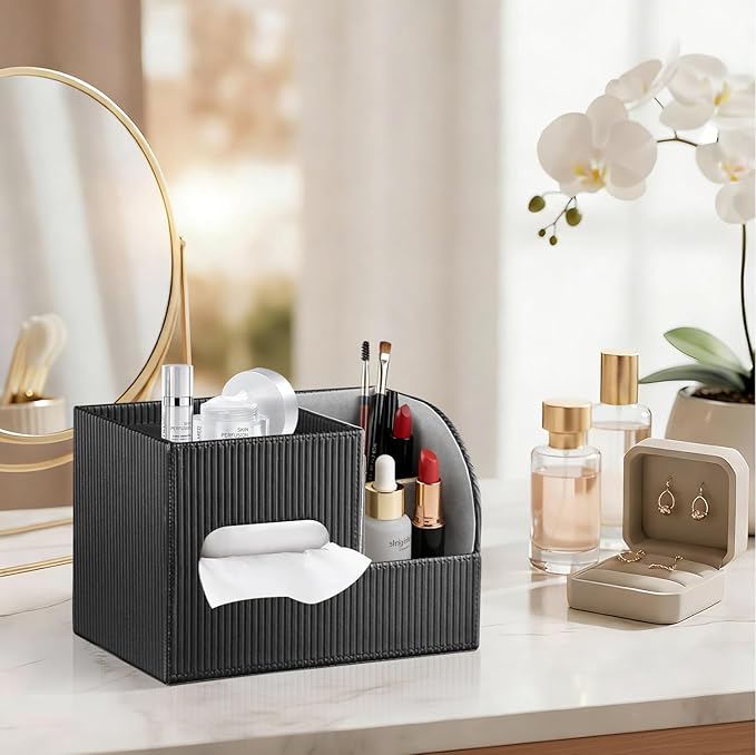Fanousy Modern PU Leather Cube Tissue Box Cover with Storage Tray, Multifunctional Remote Control Holder & Facial Tissue Dispenser Organizer for Nightstand, Bathroom, Bedroom, Office & Home Decor
