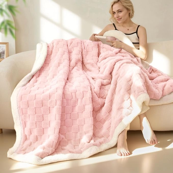 Sherpa Blanket Fleece Blanket, Soft Fluffy Thick Blanket for Couch 80”*90”, Large Thick Blankets for All Season Use, Pink