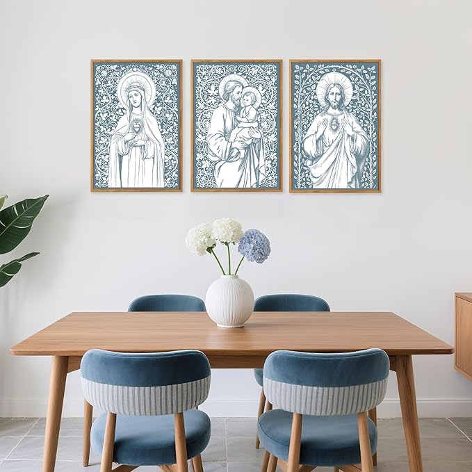 CHDITB Religious Jesus Framed Canvas Wall Art Set Of 3, Christian Wall Decor, Retro Virgin Mary Wall Painting, Christian Spiritual Healing Art Prints For Church Prayer Room Bedroom Living Room 12”X16”