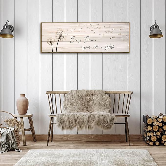 Dandelion Wall Art - Every Dream Begin with A Wish Rustic Farmhouse Wall Decor Framed Canvas Wall Art Bedroom Wall Decor Above Bed Dandelion Art Decor Vintage Room Decor (Wooden Frame) 46x19inch