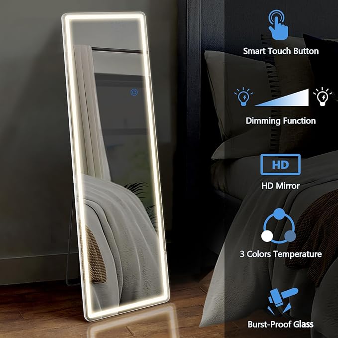 DUMOS LED Full Length Mirror, 20"×63" Floor Standing Mirror with 3 Color Lights & Wall Mounted for Bedroom, Dressing Room, Living Room, Bathroom