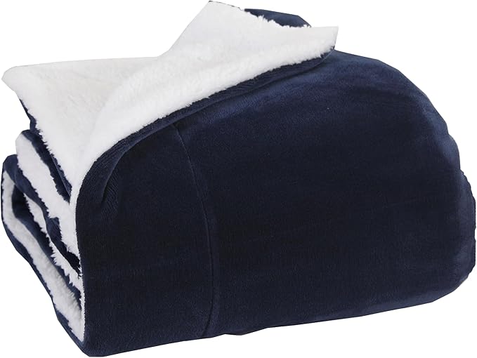 Elegant Comfort Luxury Ultra-Plush Velvet Touch Fleece Throw Soft, Warm, Cozy| Micromink Sherpa-Backing Reversible Blanket for Bed, Sofa and Couch, (50 x 60), Solid Navy Blue