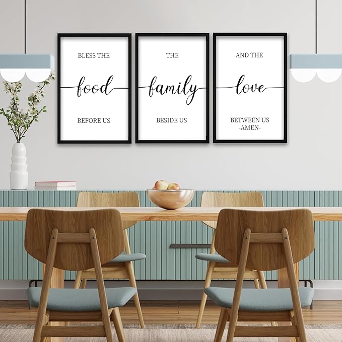 flowtorely Bless the Food Before Us Sign Wall Decor 16"×11" Set of 3 for Dining Room Kitchen Rustic Wood Framed Wall Hanging Art (Black)