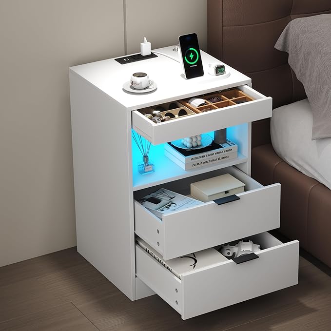 Yusong Night Stand with Gun Drawer & Invisible Lock, Bedside Table, LED Nightstand with Charging Station, Modern Night Stand, Wood Sofa Couch End Side Table with 2 Pull-Out Shelf, White