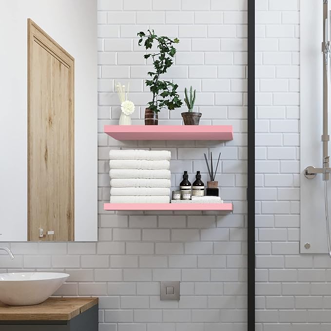 SAUMONIERES 24 Inch Floating Wall Shelves for Bedroom Bathroom Wall Mounted Solid Wood Shelf Storage Decor Set of 2, Pink Floating Shelves