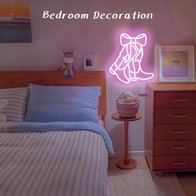 Cowboy Boot Neon Sign Bow Neon Sign LED Pink Cowgirl Boots Light Signs Wall Decor Aesthetic Western Wall Art Suitable for Game Room Country Parties Bow Decor Bedroom Bar Birthday Gift(12.8 * 11.7in)