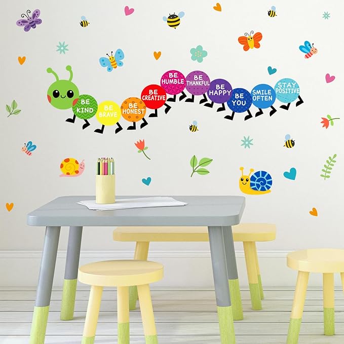 HLNIUC Colorful Kids Playroom Wall Decals Removable Inspirational Wall Stickers Cute Caterpillar Nursery Walls Decal Be Kind Be Happy Quotes Art Murals Decal for Girls Boys Bedroom Daycare Decor