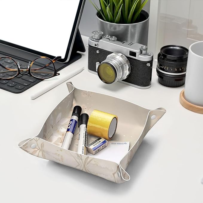 Leather Storage Tray for Bedside Table, Desk, Dressing Table, and More - Easy to Clean Small Silver and White Powder Printing