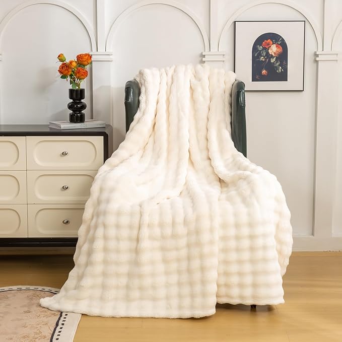YUSOKI Luxury 3D Bubble Light Weighted Throw Blanket 1.8lb,All Ages,Home Decoration, (Ivory,50 * 60inches)