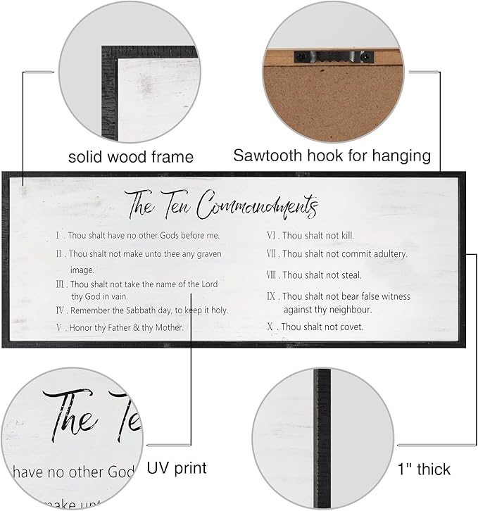 The Ten Commandments Rustic Bible Verse Framed Wall Sign For Family Living Room Kitchen Farmhouse Dining Room Vintage Boho Wall Art Decoration For God Jesus Christ Prayer, 40 x 15 Inch, Black