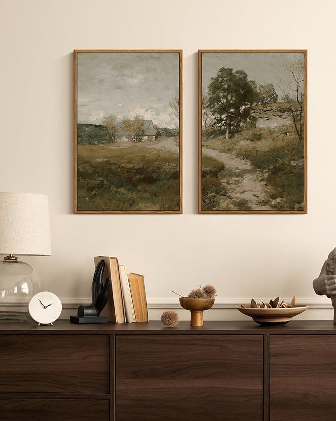 InSimSea 2 Pcs Framed Wall Art Vintage Farmhouse Decor, Country Road Paintings Above Bed Wall Decor, Canvas Prints, Rustic Scenery Pictures for Living Room,Bedroom,Office, 16"x24", set of 2