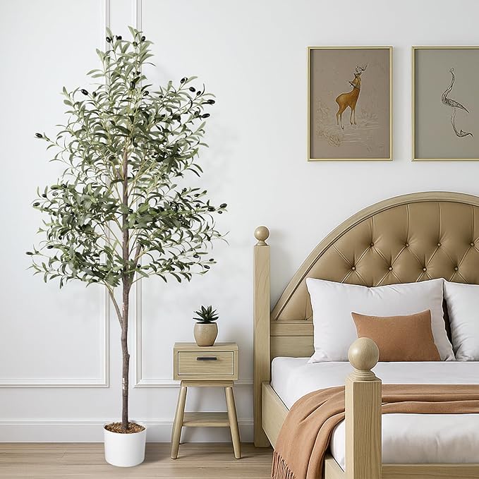 Waterproof Artificial Olive Tree, 5.5 FT Tall Faux Olive Tree for Home Indoor Decor, Floor Plant with Textured Leaves Fruits, Realistic Wood-Grain Trunk, Fake Plant for Living Room Bedroom Office