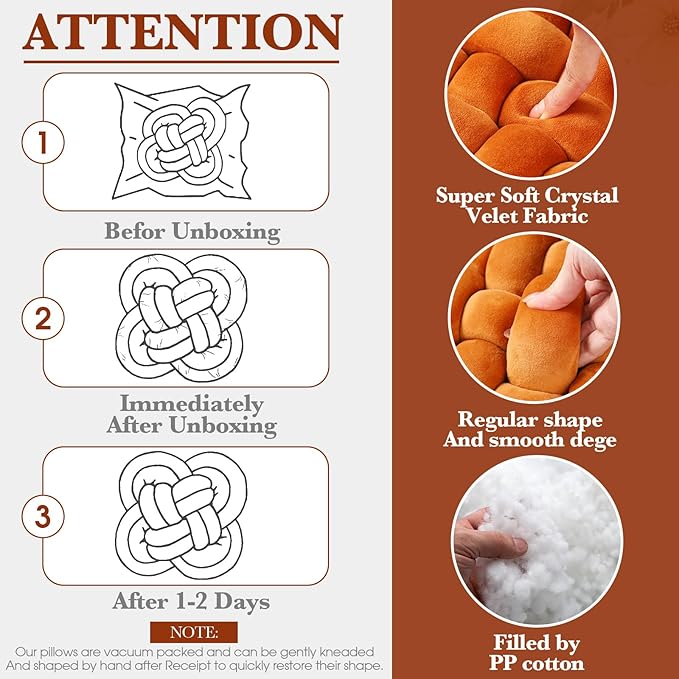 Wenqik 2 Pcs Knot Pillows Square Knotted Plush Throws Soft Accent Pillows Decoration Cushion for Couch Home Office Living Room Bedroom Bed Sofa Decor, 12'' x 13''(Caramel,Crystal Velvet)