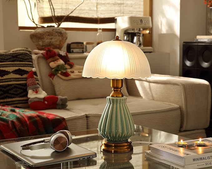Vintage Table Lamp for Living Room,16" Mid Century Modern Ceramic Lamps for Bedroom,Retro Bedside Nightstand Mushroom Glass Lamps, Classic Chinoiserie Green Lamp for Home Decor (LD004)