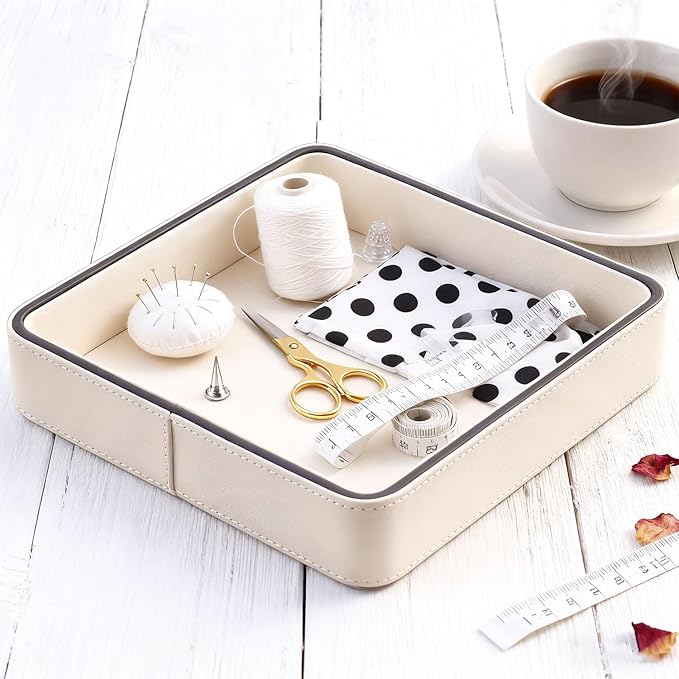 YIGUYI Faux Leather Vanity Tray, Elegant Desktop Storage Organizer，A perfume tray specifically designed for women，Nightstand or Dresser(Cream White)