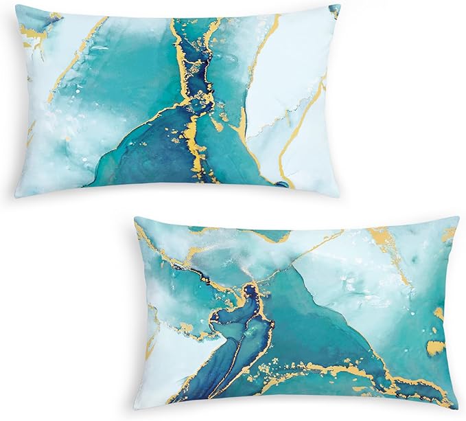 Bonhause Turquoise Marble Lumbar Pillow Covers 12 x 20 Inch Two-Sided Teal Gold Abstract Art Modern Decorative Pillow Cases for Couch Sofa Bed Home Patio Decor Set of 2