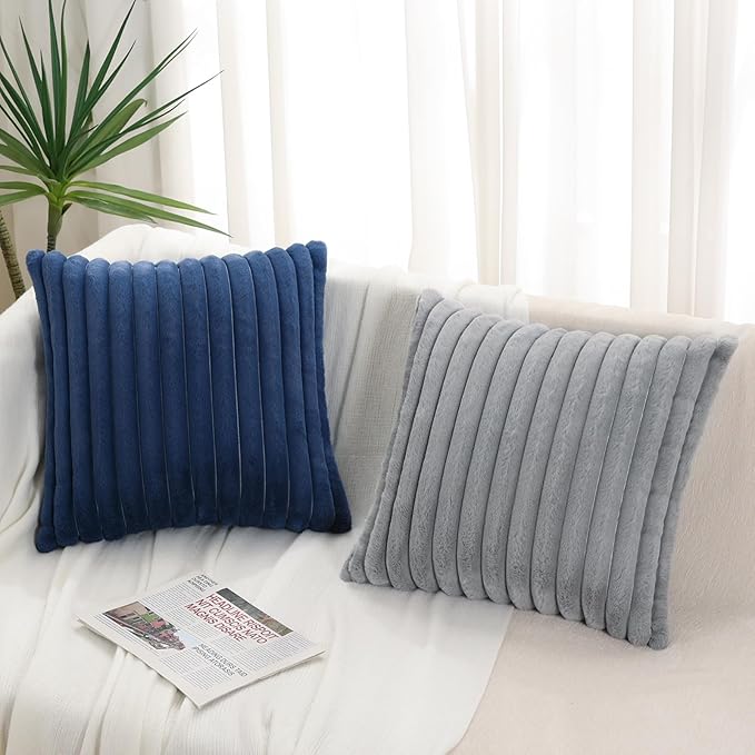 Pallene Faux Fur Plush Throw Pillow Covers 16x16 Set of 2, Luxury Soft Fluffy Striped Decorative Pillow Covers for Sofa, Couch, Living Room, Navy Blue