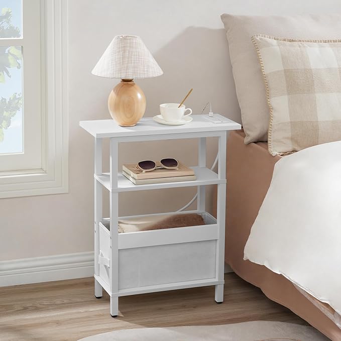Narrow Side Table with Charging Station, Slim End Table with Fabric Storage, Skinny Nightstand for Small Spaces, Thin Bedside Table for Living Room, Bedroom, White ETBW125E01