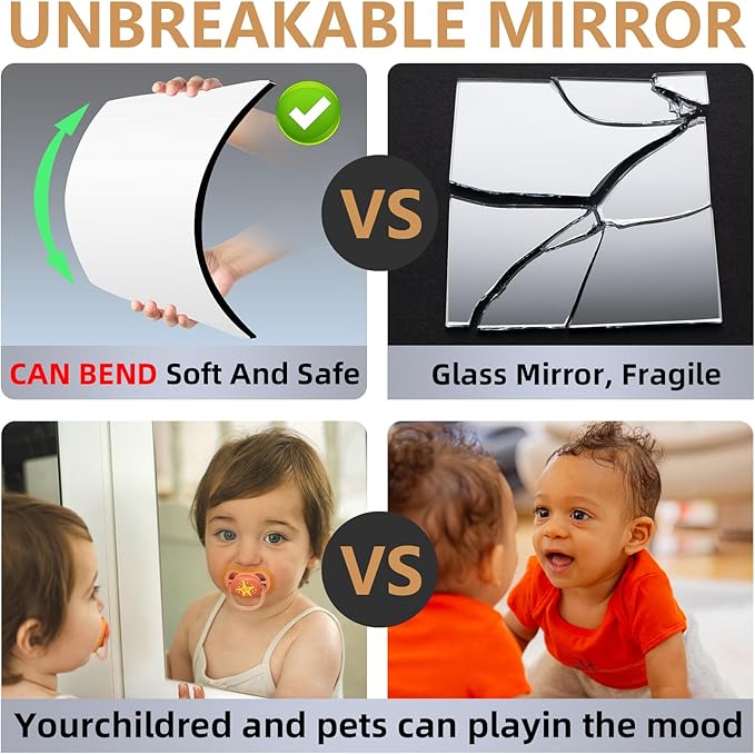 Stick on Small Mirror for Wall Decor, Plastic Non Glass Sticky Kids Safety Toddler Mirrors, 4 Pack 14”x12” Acrylic Mirror Tiles, Shatterproof Mirrors Sheet for Bedroom Closet，Gym Body Mirror's