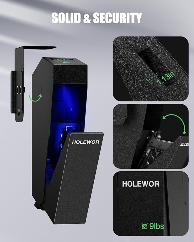 Gun Safe, Biometric Pistol Safe Fingerprint Quick Access Drop Down Handgun Safe Mount Bedside Gun Safe for Desk Nightstand