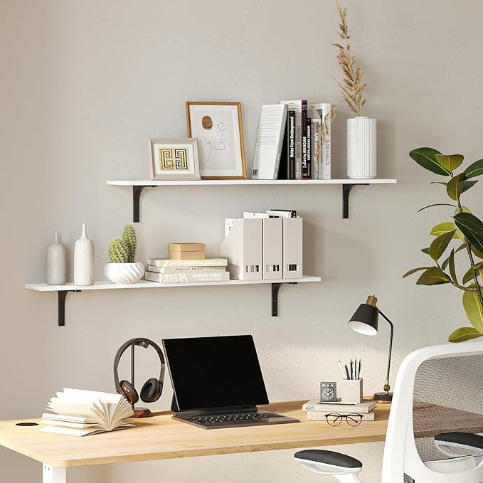 DINZI LVJ Long Wall Shelves, 47.3Inch Wall Mounted Shelves Set of 2, Extra Large Wall Storage Ledges with Sturdy Metal Brackets for Living Room, Bathroom, Bedroom, Kitchen, White