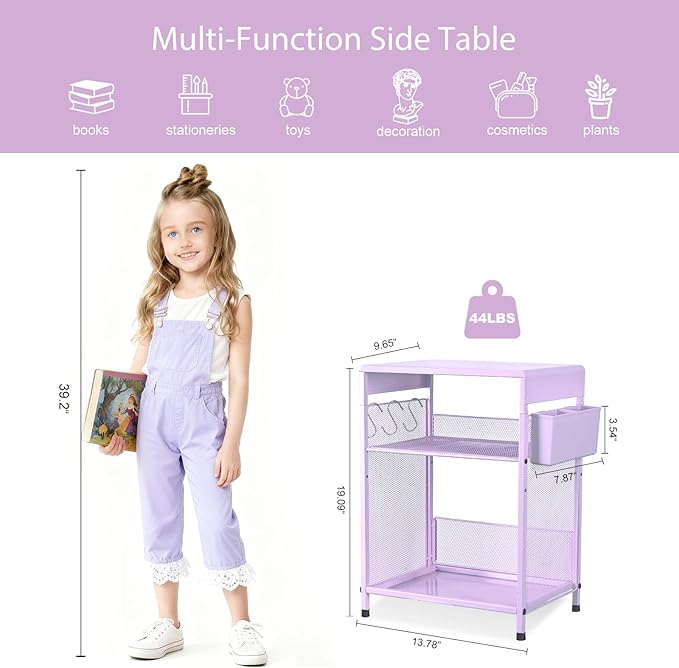Kids Nightstand, 3-Tier Metal Side Table with Adjustable Storage Shelf, Basket & 3 S-Hooks, Small Bedside Table for Nursery, Toddler Bedroom and Small Spaces (Purple)