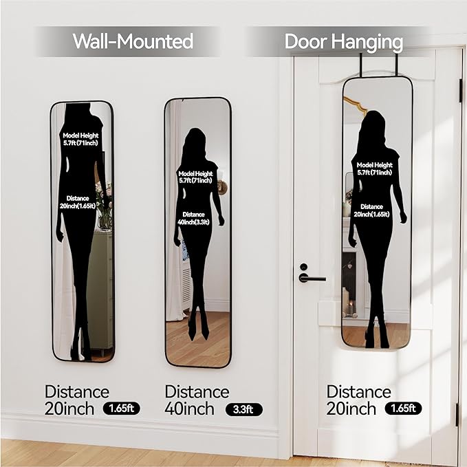 47x14 Mirror Rectangle Full Body Length Door Hanging Wall Mounted Metal Aluminum Alloy Frame Dressing Make-up Mirrors for Entryway Bedroom Bathroom Living Room 47 14 inch Black