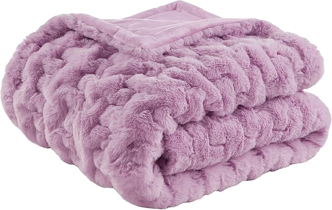 Madison Park Ruched Luxury Throw Premium Soft Cozy Brushed Long Faux Fur for Bed, Couch or Sofa, 50"x60", Purple