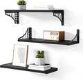 SRIWATANA Floating Shelves for Wall Decor, Bridge Design Wood Wall Shelves for Bedroom, Bathroom, Living Room & Kitchen, Set of 3 (Black)