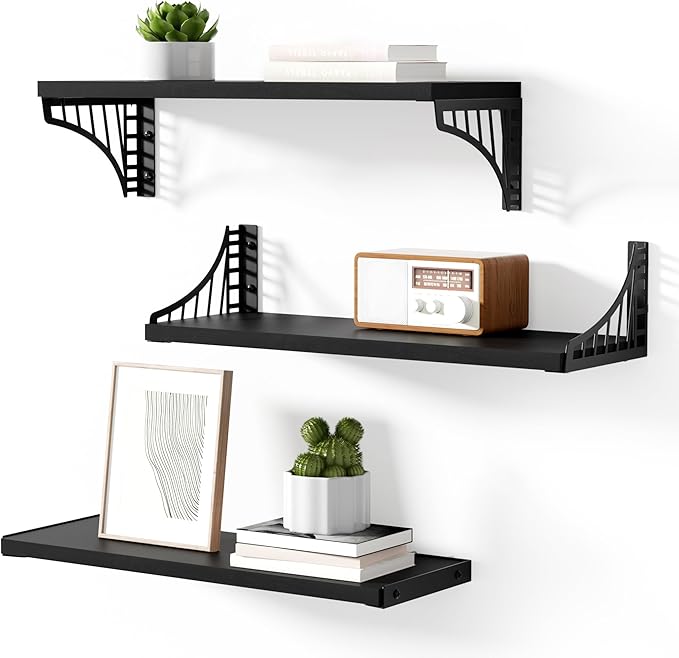 SRIWATANA Floating Shelves for Wall Decor, Bridge Design Wood Wall Shelves for Bedroom, Bathroom, Living Room & Kitchen, Set of 3 (Black)