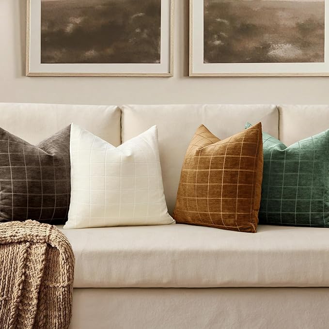 MIULEE Decorative Chenille Check Throw Pillow Covers Vintage Plaid Couch Pillows 22x22 Inch Set of 2 Neutral Boho Cushion Covers Modern Spring Home Decor for Sofa Bed Living Room Moss Green