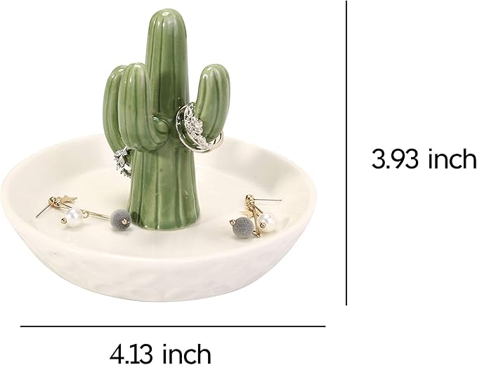 HOME SMILE Ceramic Cactus Ring Holder with Derorative White Dish for Jewelry,Christmas Birthday Gifts for Women
